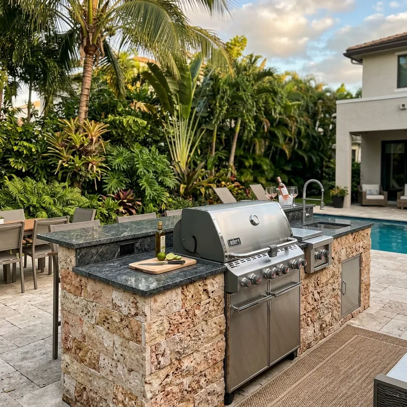 Stone veneer BBQ island detail in Miami