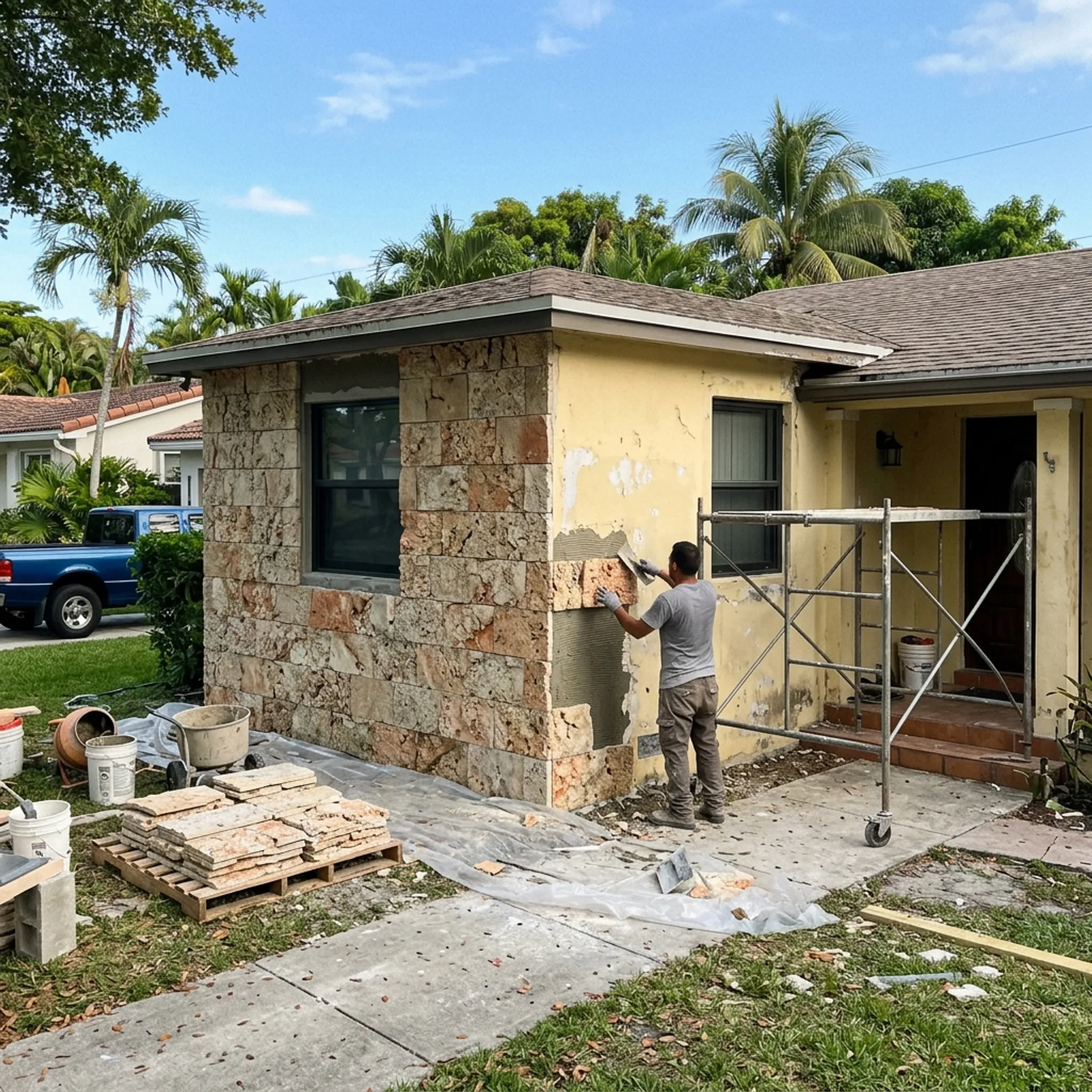 Stucco to stone veneer conversion in Miami
