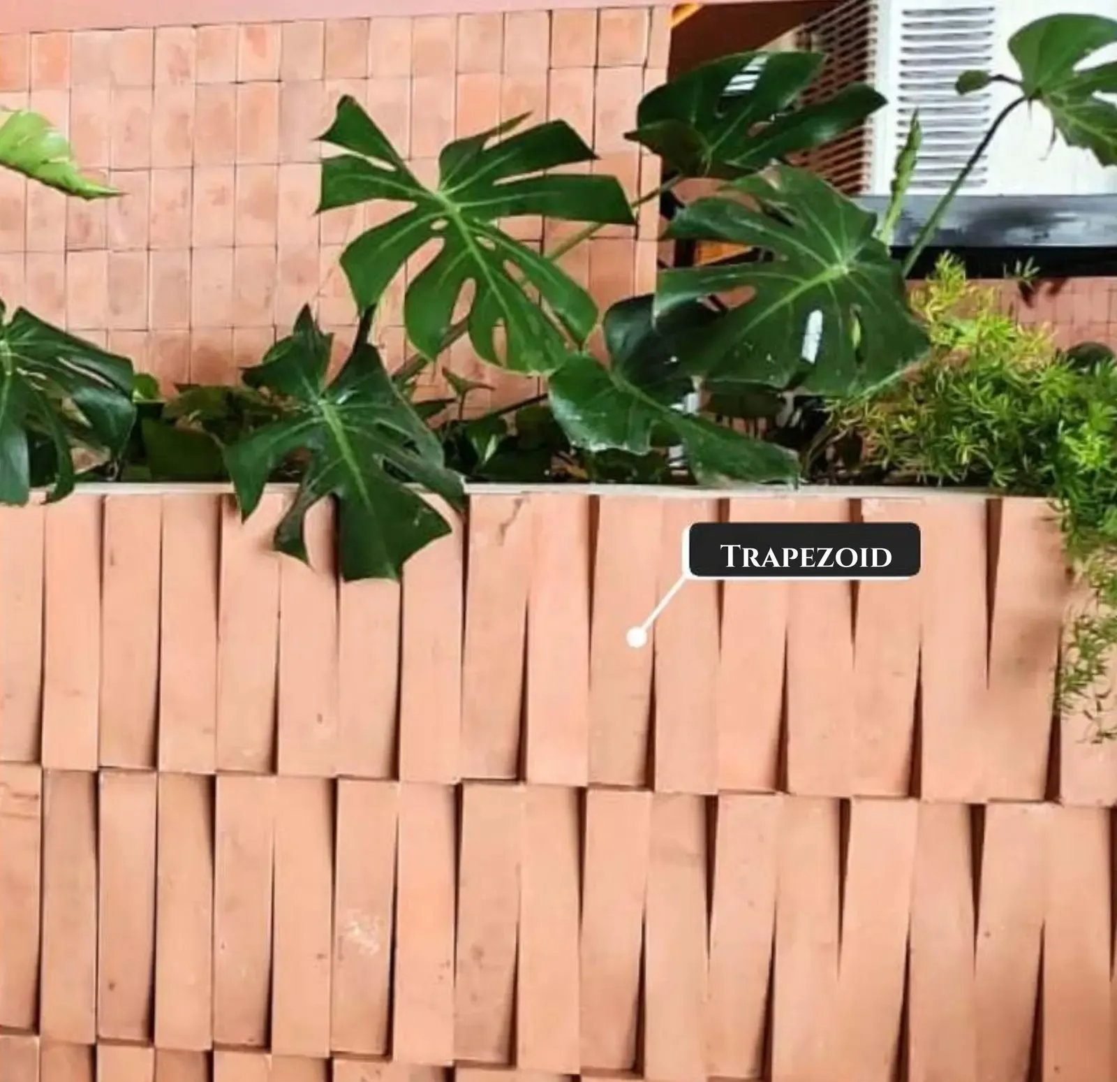 Terracotta-toned sculptural concrete feature wall with tropical planting